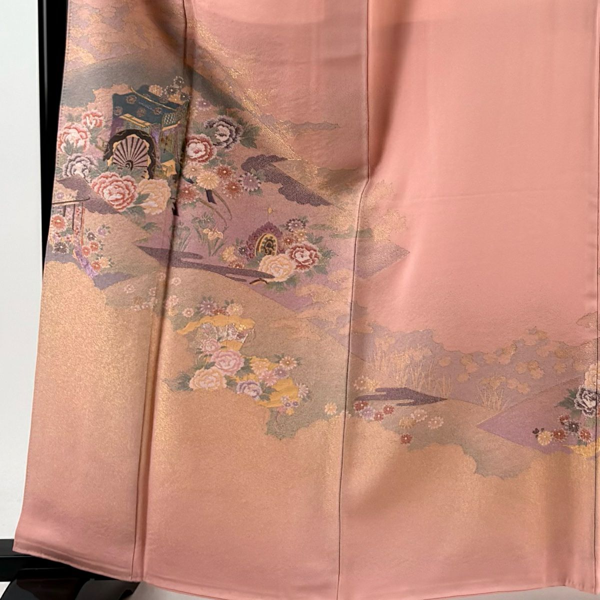 【庫存清倉】 留袖禮服禮服 身長161cm 袖長66cm M 雙層 御所車 草花紋紋 金銀彩 粉紅 純蠶絲 優品級 一個紋