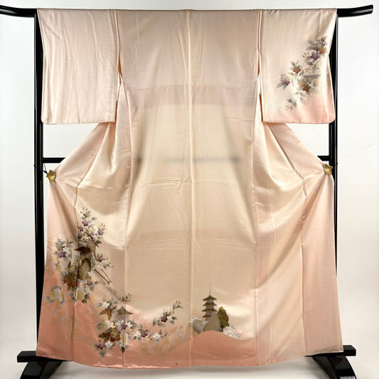 【庫存清倉】 付下 身長163.5cm 袖長66cm M 雙層 御所車 花鳥 金銀彩 漸層 淺粉色 純蠶絲 優品級