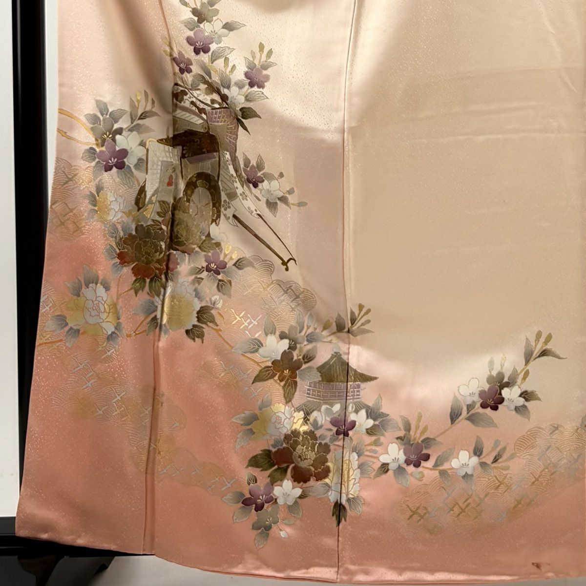 【庫存清倉】 付下 身長163.5cm 袖長66cm M 雙層 御所車 花鳥 金銀彩 漸層 淺粉色 純蠶絲 優品級