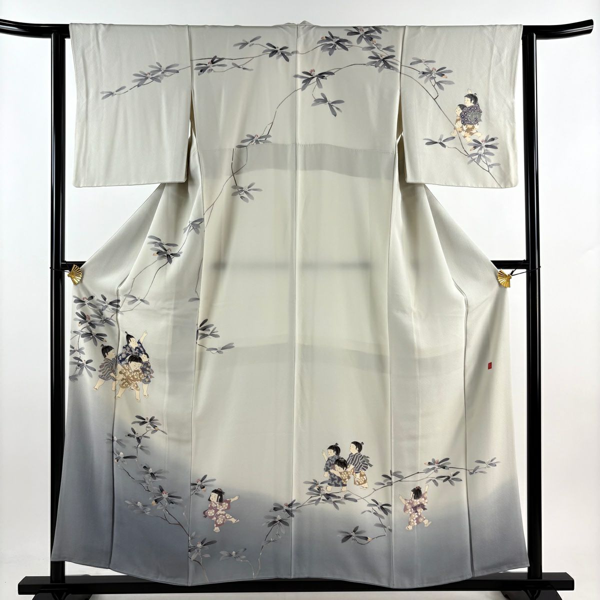 【庫存清倉】訪問服 身長156cm 袖長62cm S 雙層 落款有 童枝葉染分 ぼかし 灰白 純蠶絲 優品級