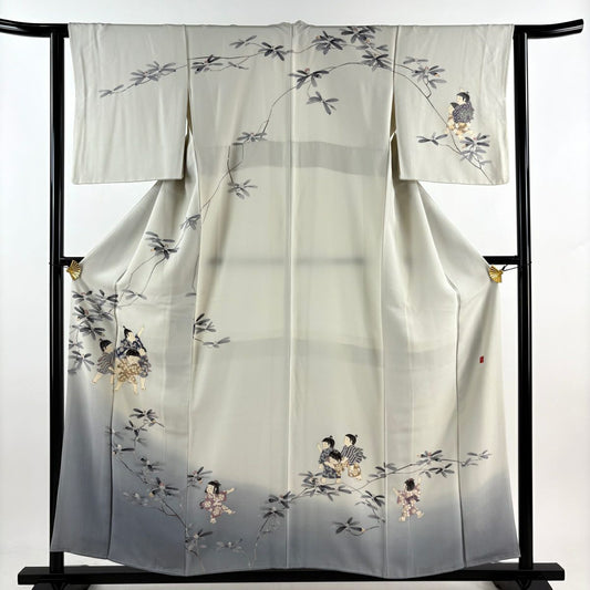 【庫存清倉】訪問服 身長156cm 袖長62cm S 雙層 落款有 童枝葉染分 ぼかし 灰白 純蠶絲 優品級