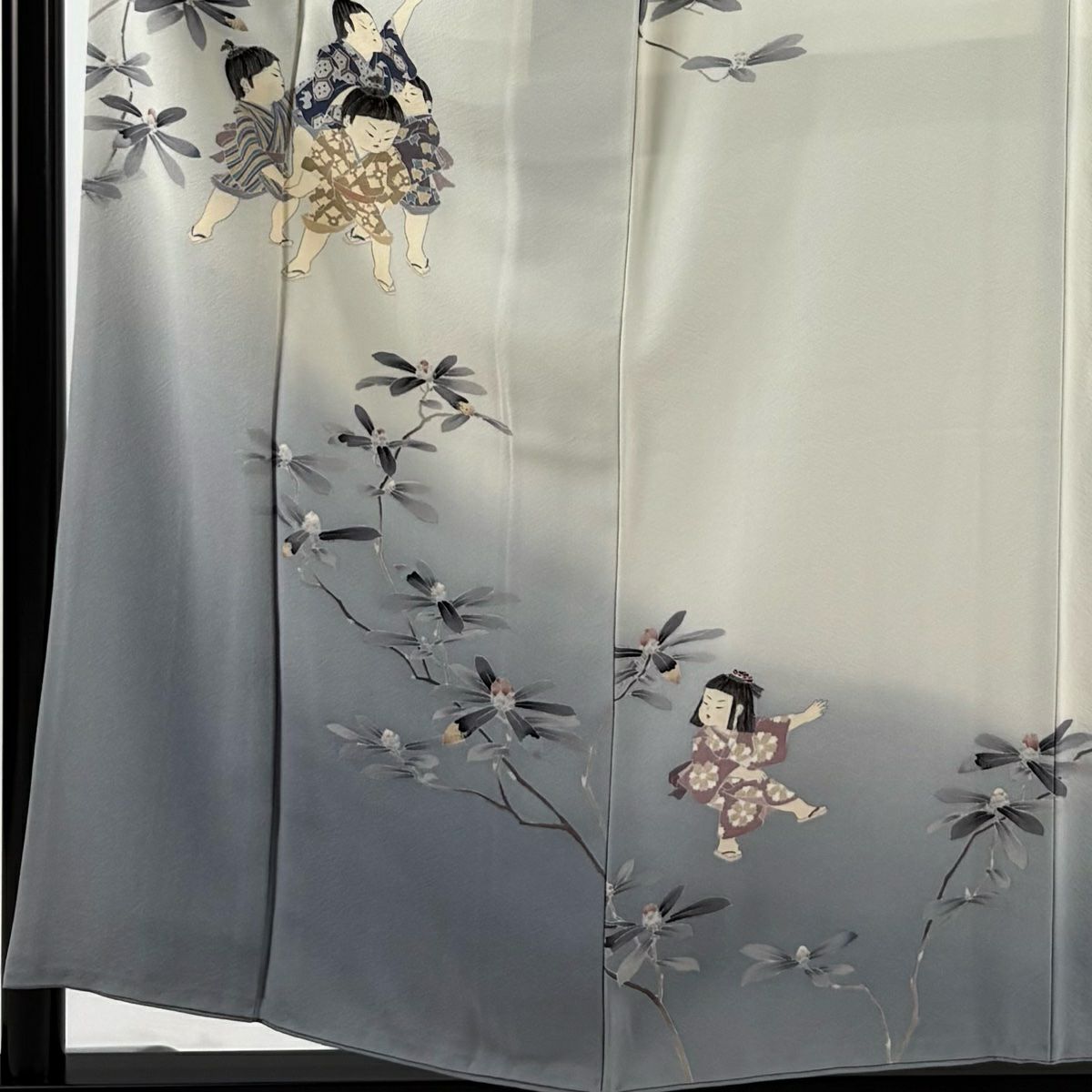【庫存清倉】訪問服 身長156cm 袖長62cm S 雙層 落款有 童枝葉染分 ぼかし 灰白 純蠶絲 優品級