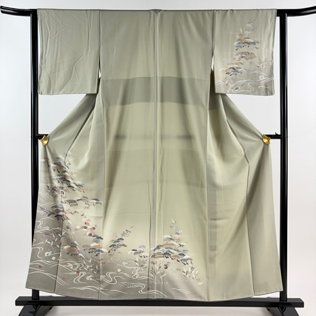 【庫存清倉】訪問服 身長156cm 袖長62cm S 雙層 松樹竹子梅花 舟 金銀彩 漸層 灰綠 純蠶絲 優品級
