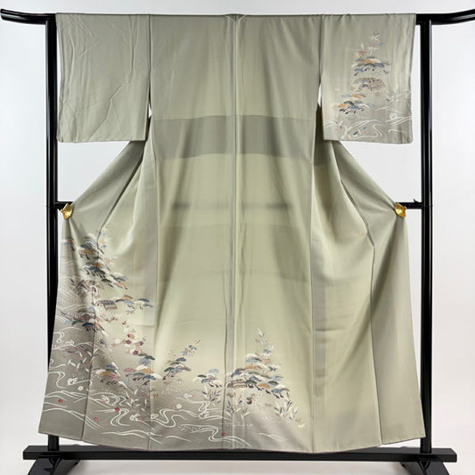 【庫存清倉】訪問服 身長156cm 袖長62cm S 雙層 松樹竹子梅花 舟 金銀彩 漸層 灰綠 純蠶絲 優品級