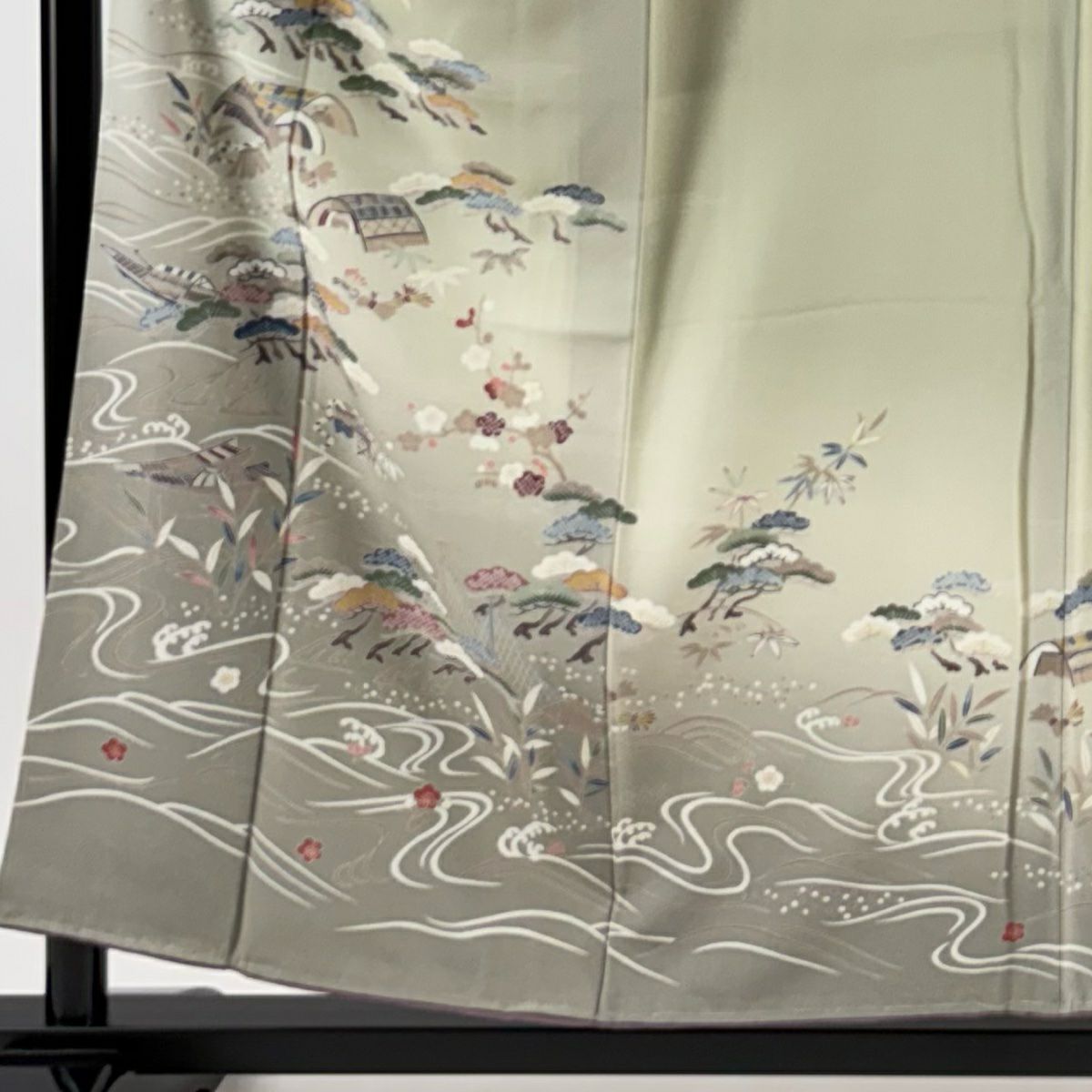 【庫存清倉】訪問服 身長156cm 袖長62cm S 雙層 松樹竹子梅花 舟 金銀彩 漸層 灰綠 純蠶絲 優品級