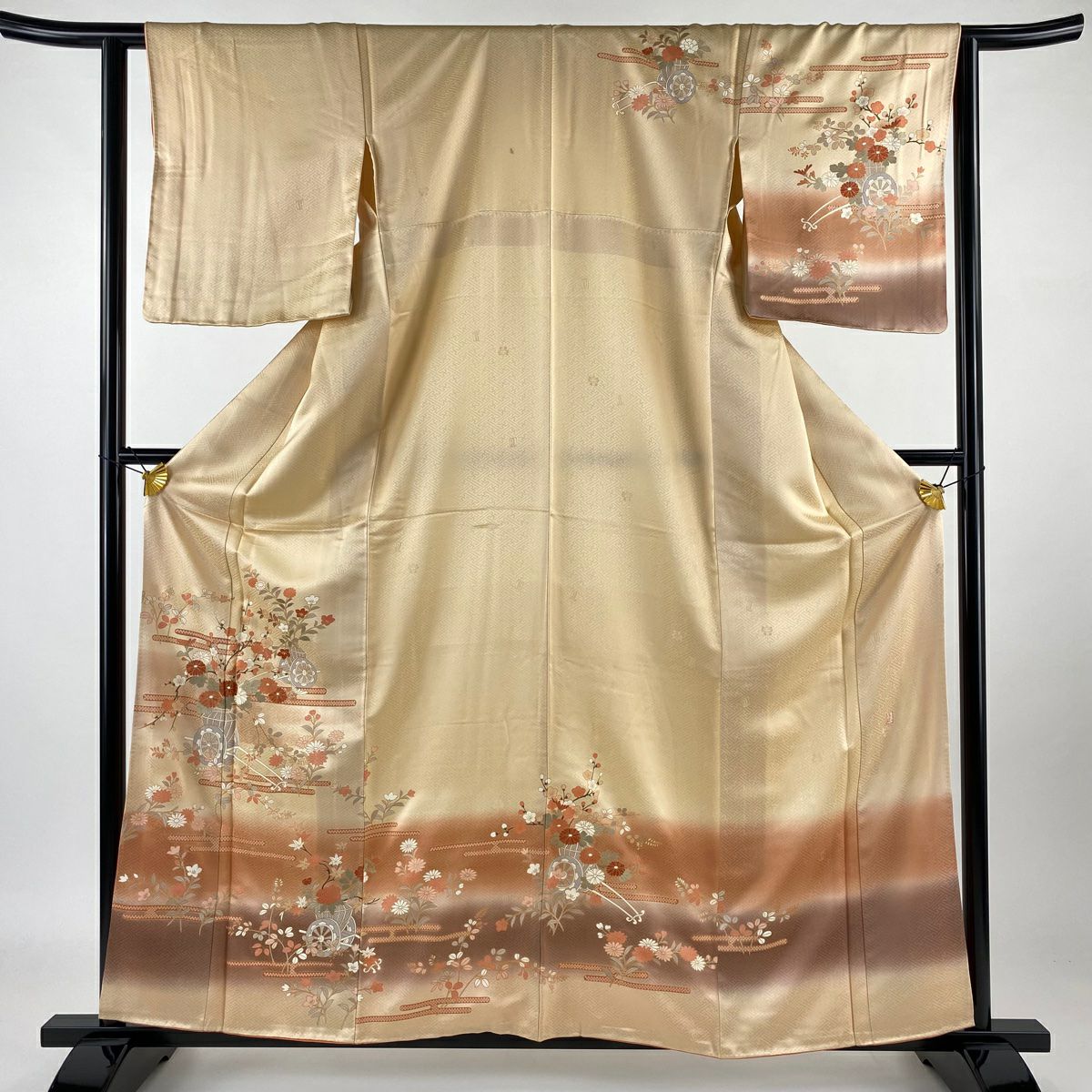 【庫存清倉】訪問服 身長160.5cm 袖長63cm S 雙層 吾妻德穗 落款 花車 霞刺繡 金彩裝飾 淺橙色 純蠶絲 名品級