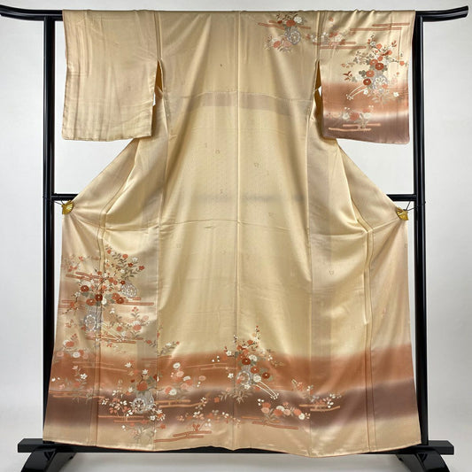 【庫存清倉】訪問服 身長160.5cm 袖長63cm S 雙層 吾妻德穗 落款 花車 霞刺繡 金彩裝飾 淺橙色 純蠶絲 名品級