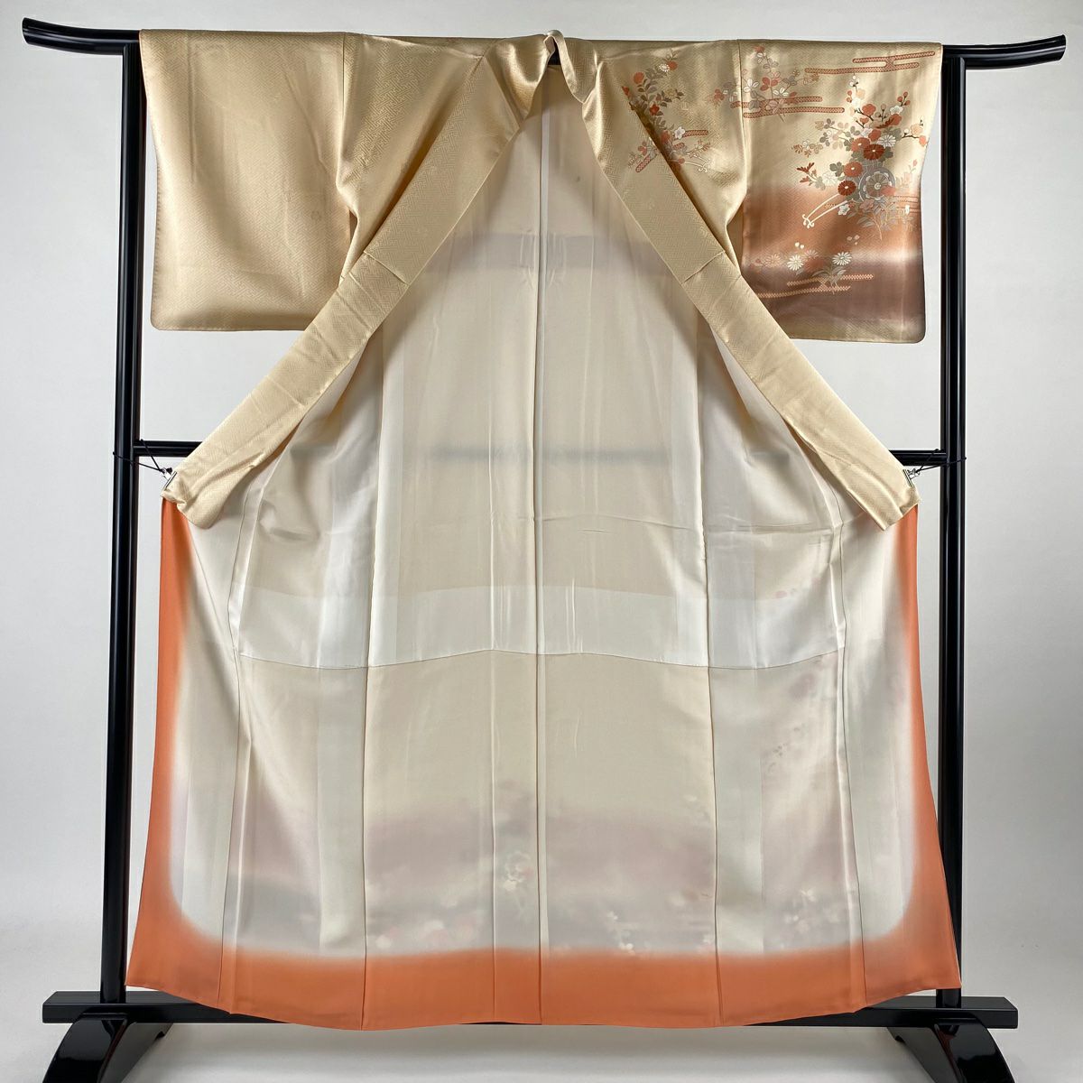 【庫存清倉】訪問服 身長160.5cm 袖長63cm S 雙層 吾妻德穗 落款 花車 霞刺繡 金彩裝飾 淺橙色 純蠶絲 名品級