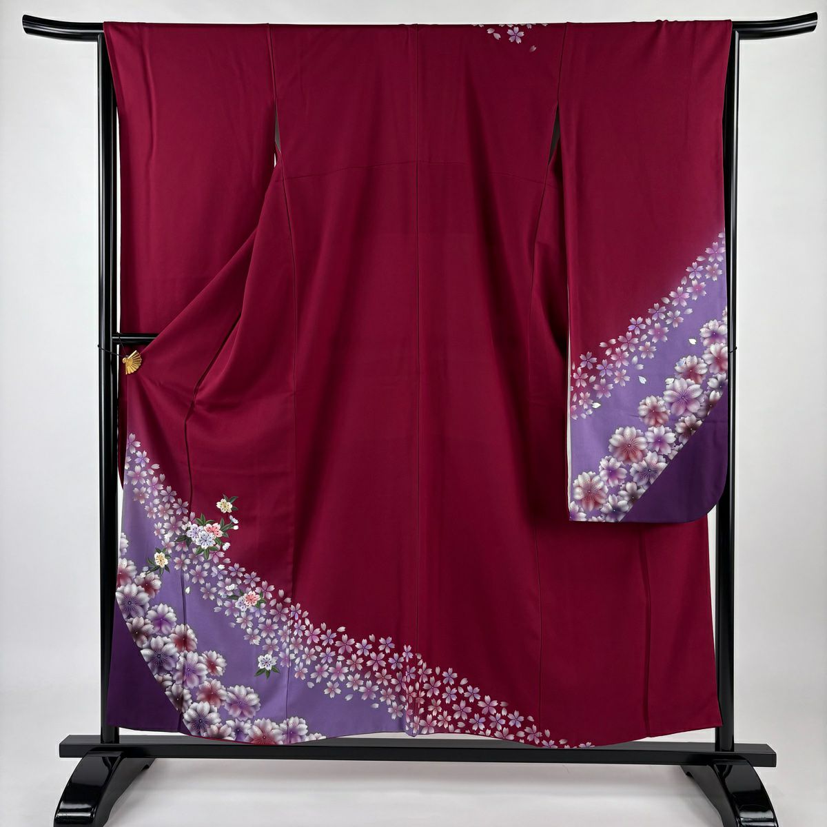 【庫存清倉】振袖禮服 身長156cm 袖長65cm M 雙層 落款 櫻花花瓣 金絲刺繡 紅紫 純蠶絲 名品級