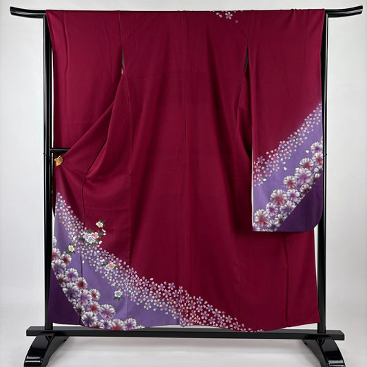 【庫存清倉】振袖禮服 身長156cm 袖長65cm M 雙層 落款 櫻花花瓣 金絲刺繡 紅紫 純蠶絲 名品級