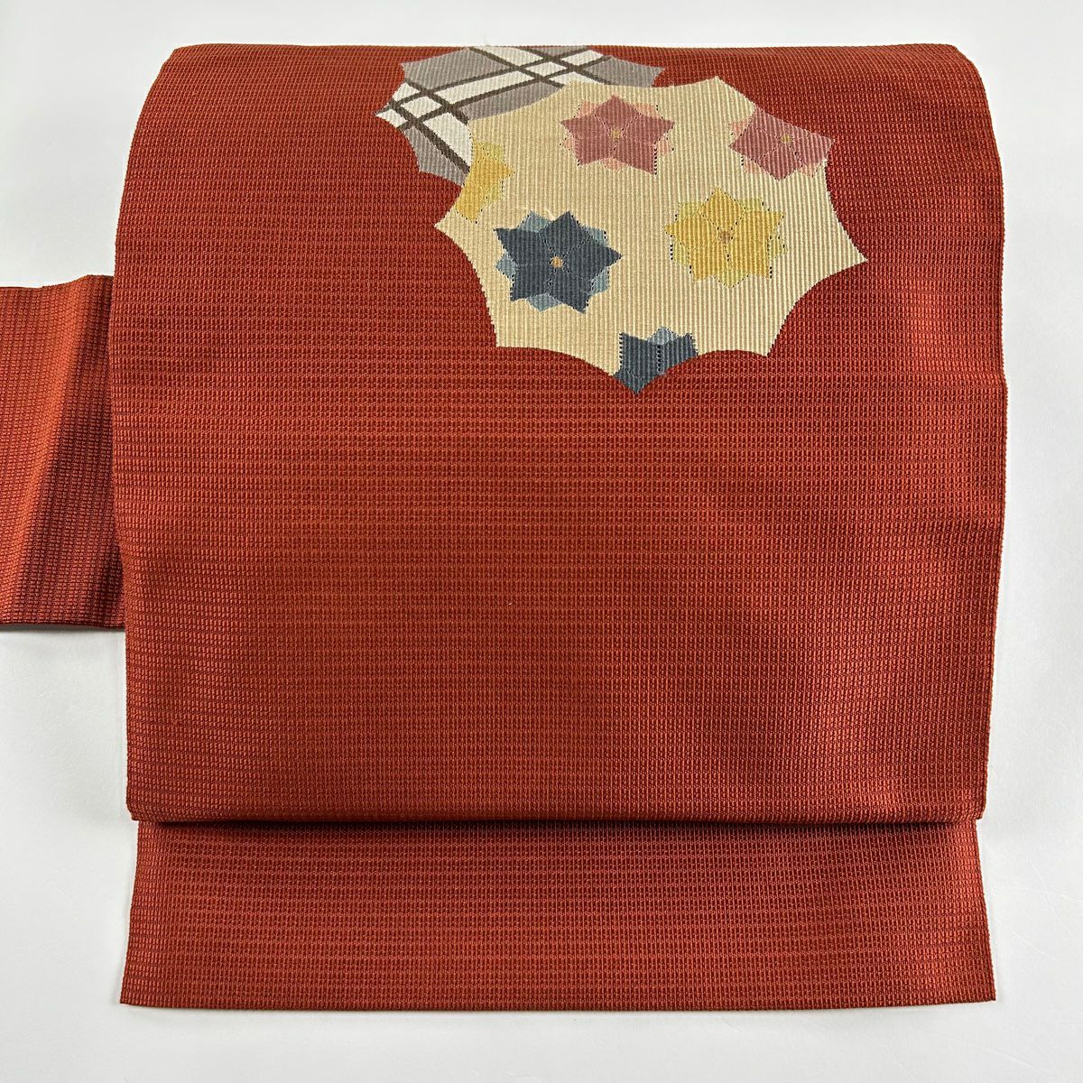 【庫存清倉】 名古屋帶 美品 秀品級 花 幾何圖案 朱色 純蠶絲