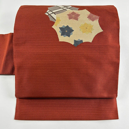 【庫存清倉】 名古屋帶 美品 秀品級 花 幾何圖案 朱色 純蠶絲