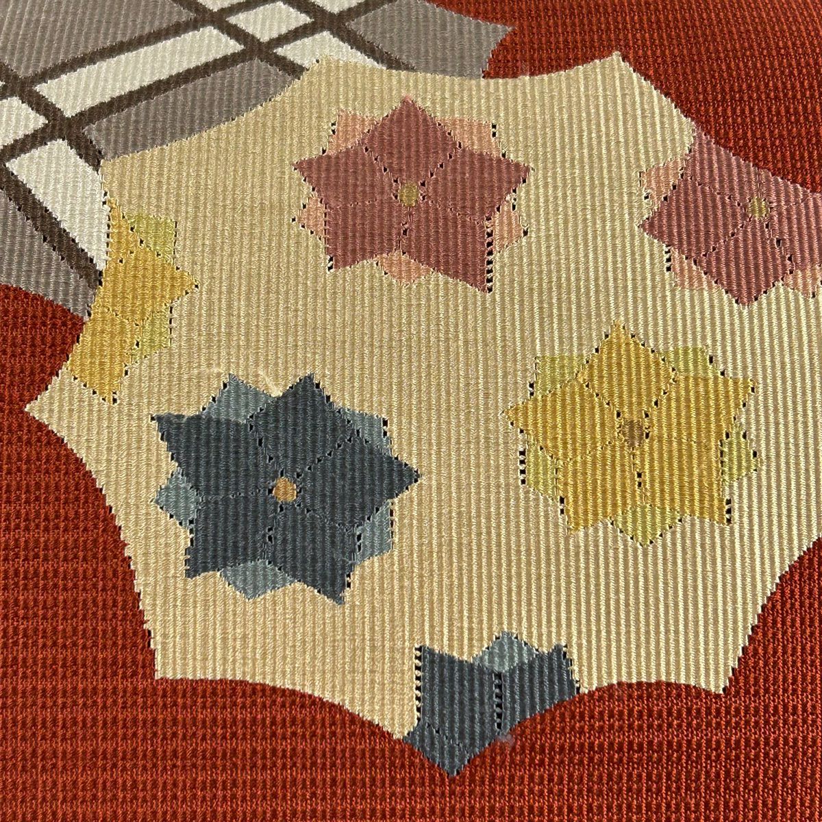 【庫存清倉】 名古屋帶 美品 秀品級 花 幾何圖案 朱色 純蠶絲
