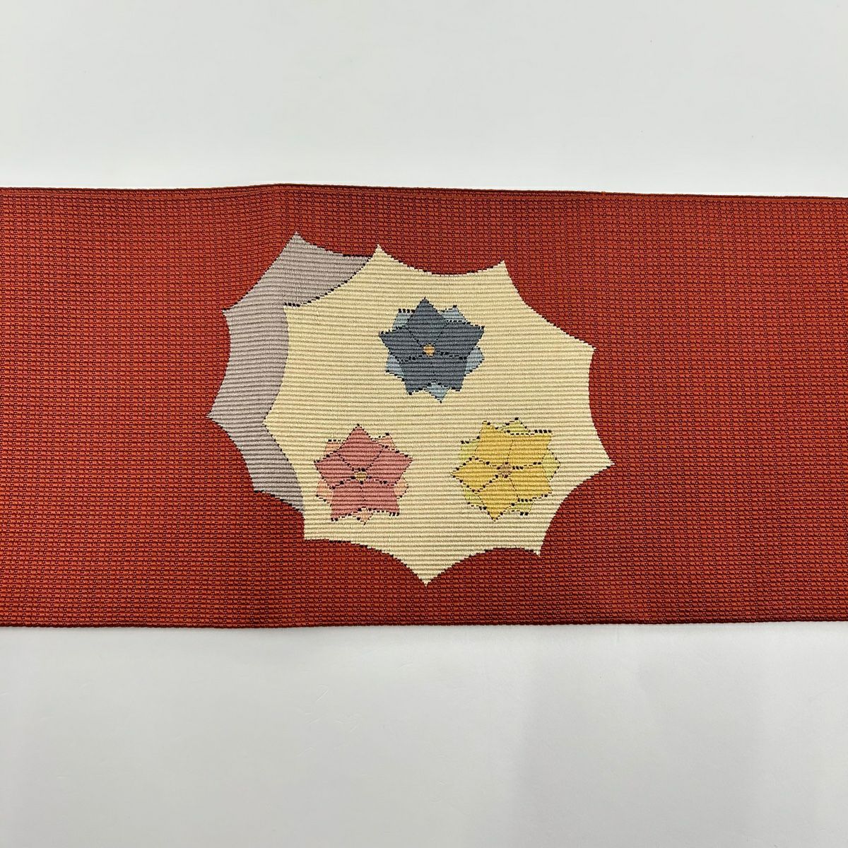【庫存清倉】 名古屋帶 美品 秀品級 花 幾何圖案 朱色 純蠶絲