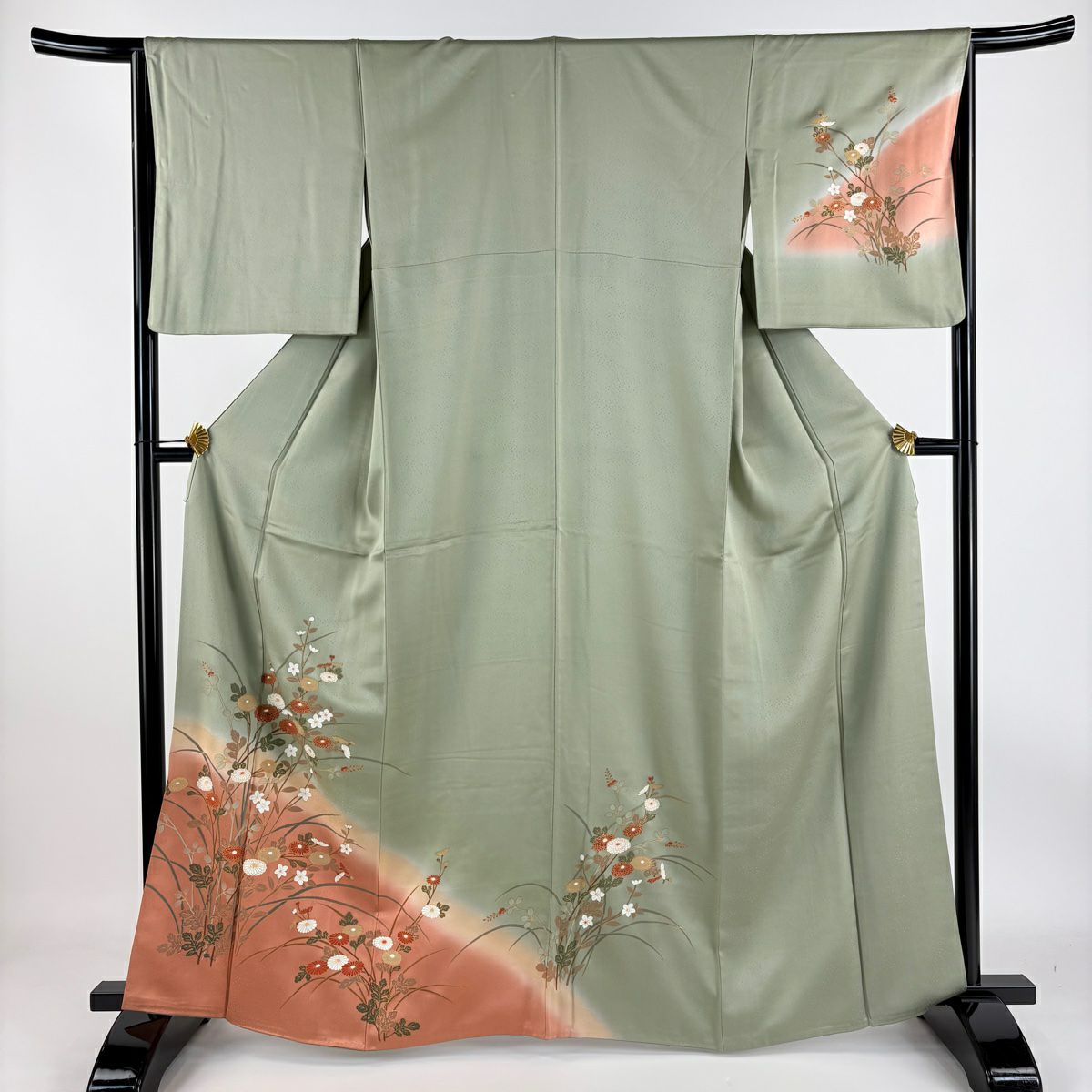 【庫存清倉】訪問服 身長164.5cm 袖長65.5cm M 雙層 菊花 金銀彩 漸層 灰綠 純蠶絲 優品級