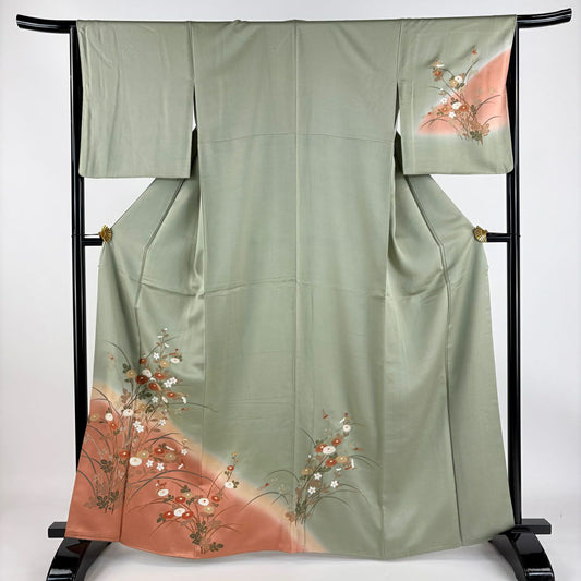 【庫存清倉】訪問服 身長164.5cm 袖長65.5cm M 雙層 菊花 金銀彩 漸層 灰綠 純蠶絲 優品級