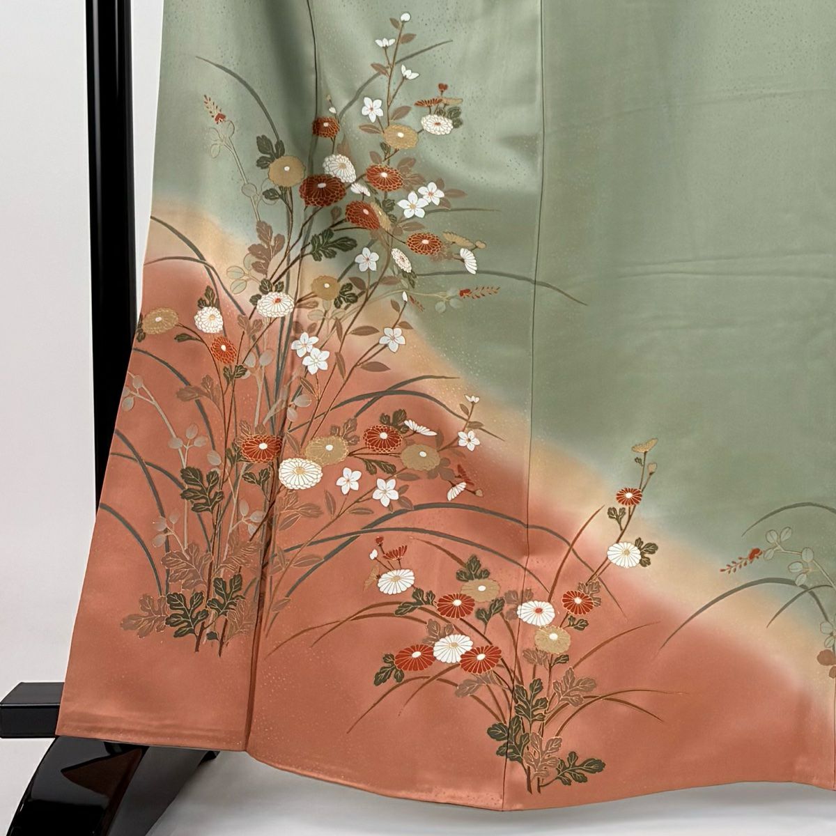 【庫存清倉】訪問服 身長164.5cm 袖長65.5cm M 雙層 菊花 金銀彩 漸層 灰綠 純蠶絲 優品級