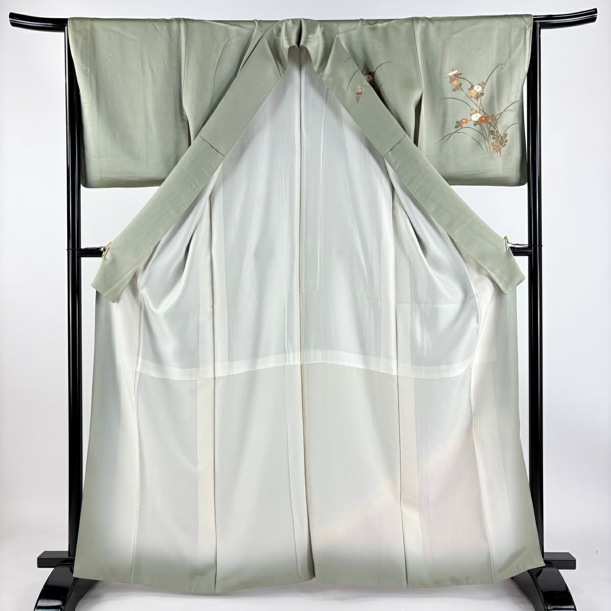 【庫存清倉】訪問服 身長164.5cm 袖長65.5cm M 雙層 菊花 金銀彩 漸層 灰綠 純蠶絲 優品級