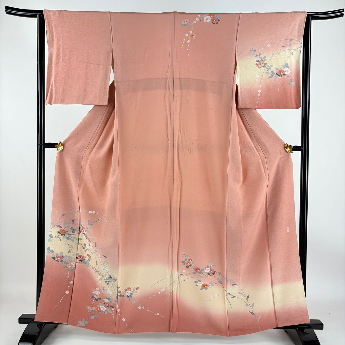 【庫存清倉】訪問服 身長160cm 袖長62.5cm S 雙層 落款有 椿 梅花 染分 逐漸變化 粉紅 純蠶絲 優品級