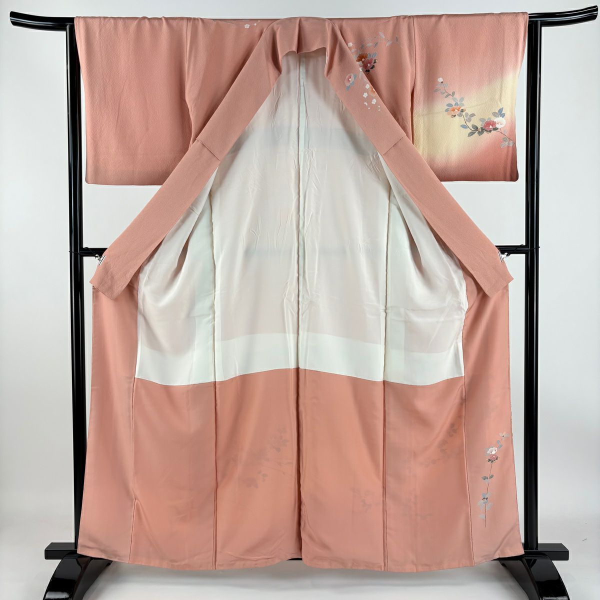 【庫存清倉】訪問服 身長160cm 袖長62.5cm S 雙層 落款有 椿 梅花 染分 逐漸變化 粉紅 純蠶絲 優品級