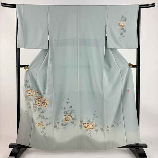 【庫存清倉】 付下 身長160cm 袖長65cm M 雙層 田尾笛秋 蓑蟲工藝 有落款 草花紋紋 葉與實 金銀彩 漸層 青灰 純蠶絲 優品級 一個紋