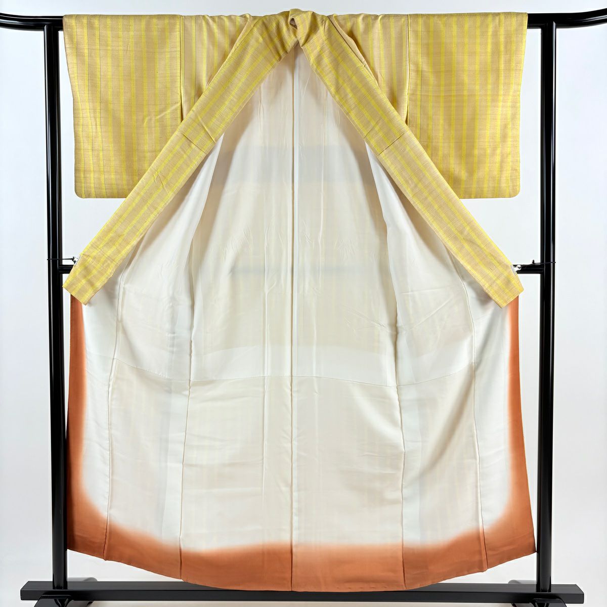 【庫存清倉】 付下 身長156cm 袖長61cm S 雙層 垂直條紋 山吹茶 純蠶絲 優品級