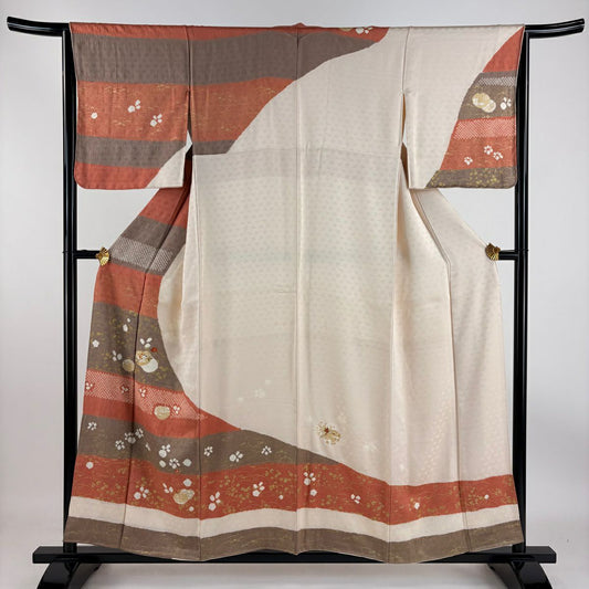 【庫存清倉】訪問服 身長155cm 袖長64.5cm M 雙層 草花紋紋 芝絞染 金彩裝飾 粉米色 純蠶絲 優品級