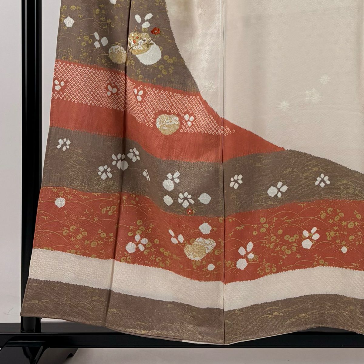 【庫存清倉】訪問服 身長155cm 袖長64.5cm M 雙層 草花紋紋 芝絞染 金彩裝飾 粉米色 純蠶絲 優品級