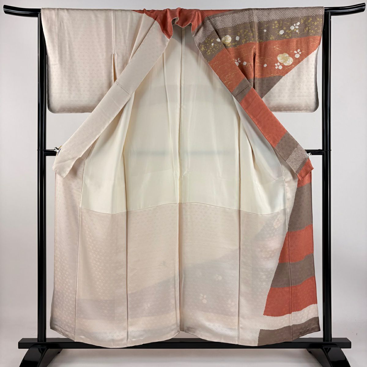 【庫存清倉】訪問服 身長155cm 袖長64.5cm M 雙層 草花紋紋 芝絞染 金彩裝飾 粉米色 純蠶絲 優品級