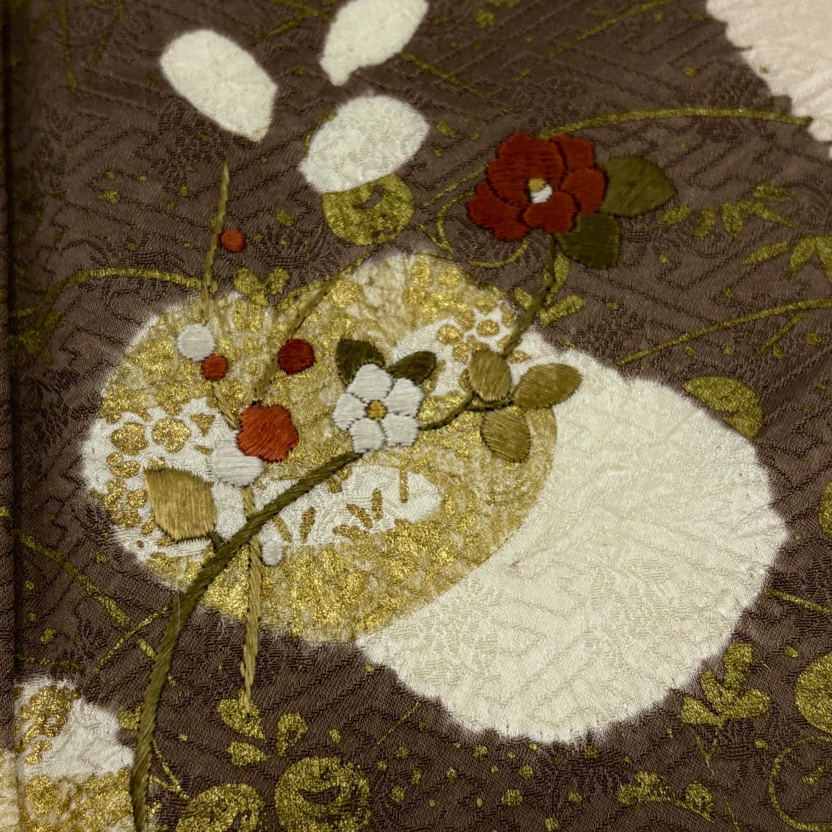 【庫存清倉】訪問服 身長155cm 袖長64.5cm M 雙層 草花紋紋 芝絞染 金彩裝飾 粉米色 純蠶絲 優品級