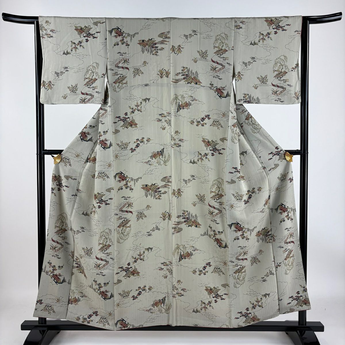 【庫存清倉】 小紋 身長155.5cm 袖長64cm M 雙層 家屋 松樹竹子梅花 灰 純蠶絲 優品級