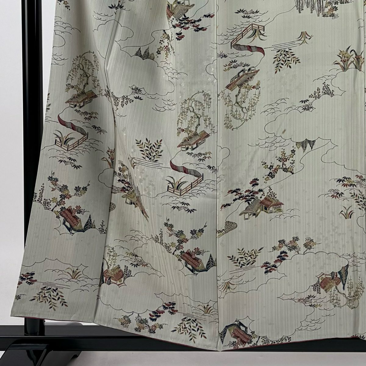 【庫存清倉】 小紋 身長155.5cm 袖長64cm M 雙層 家屋 松樹竹子梅花 灰 純蠶絲 優品級