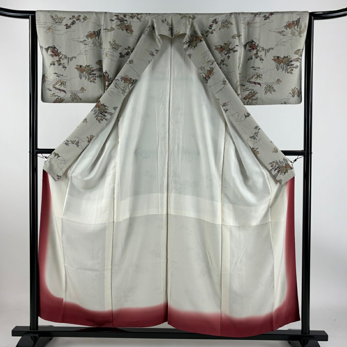 【庫存清倉】 小紋 身長155.5cm 袖長64cm M 雙層 家屋 松樹竹子梅花 灰 純蠶絲 優品級