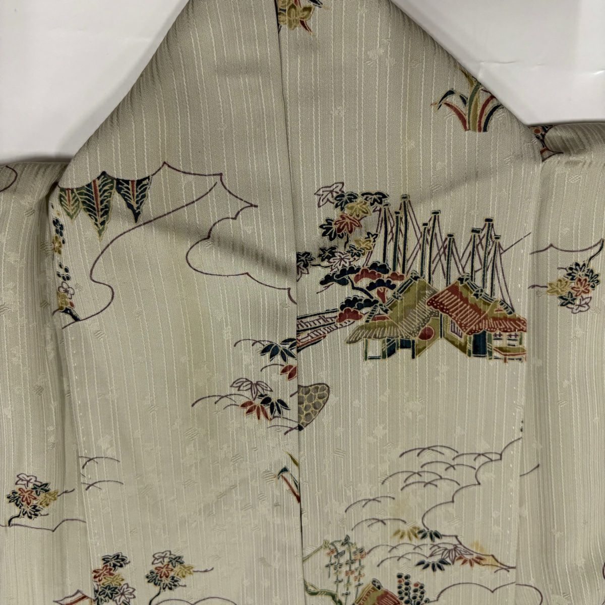 【庫存清倉】 小紋 身長155.5cm 袖長64cm M 雙層 家屋 松樹竹子梅花 灰 純蠶絲 優品級