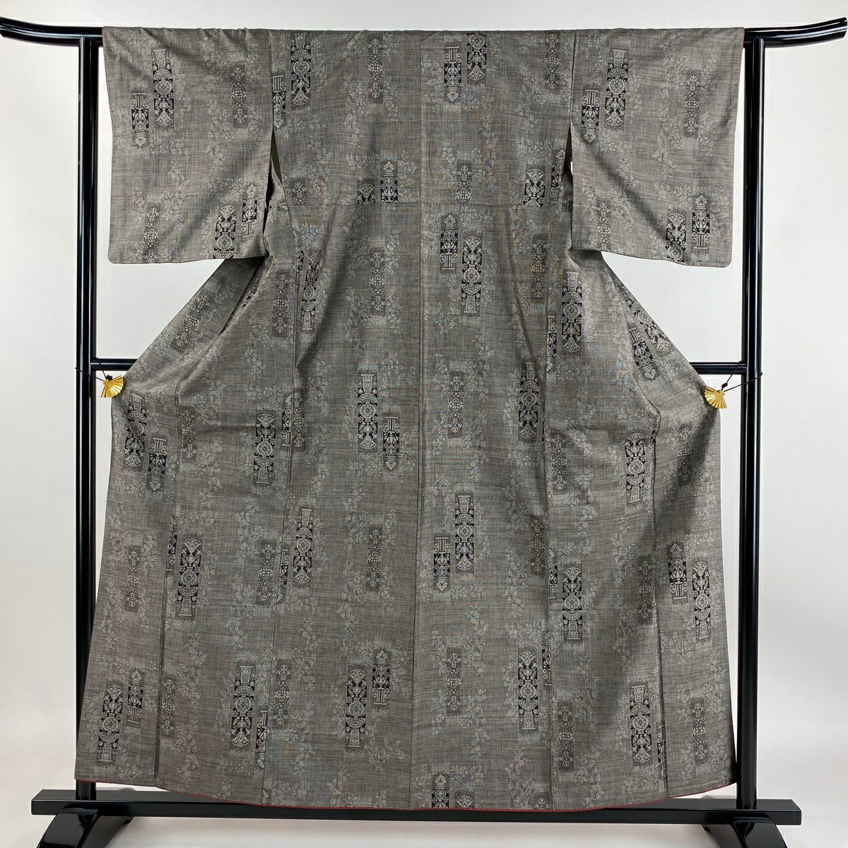 【庫存清倉】 紬織織 身長158cm 袖長62.5cm S 雙層 短冊 草花紋紋 灰茶 純蠶絲 優品級