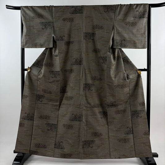 【庫存清倉】 紬織 身長162cm 袖長66.5cm M 雙層 草花紋紋 霞 灰茶 純蠶絲 美品 秀品級