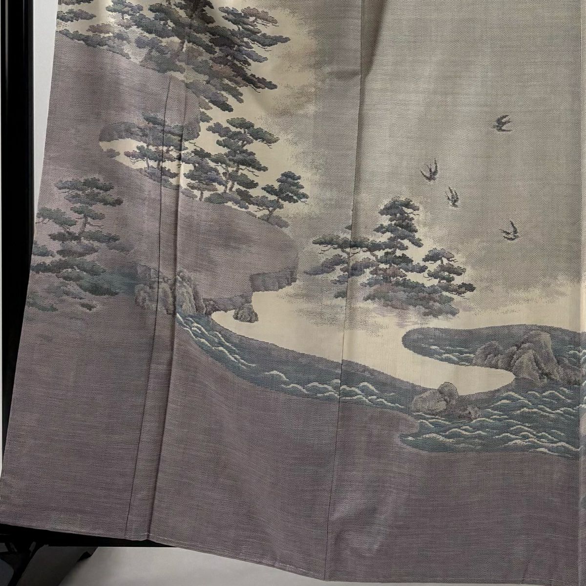 【庫存清倉】 付下 身長162cm 袖長63.5cm S 雙層 紬織織 松樹 鳥 灰紫 純蠶絲 優品級