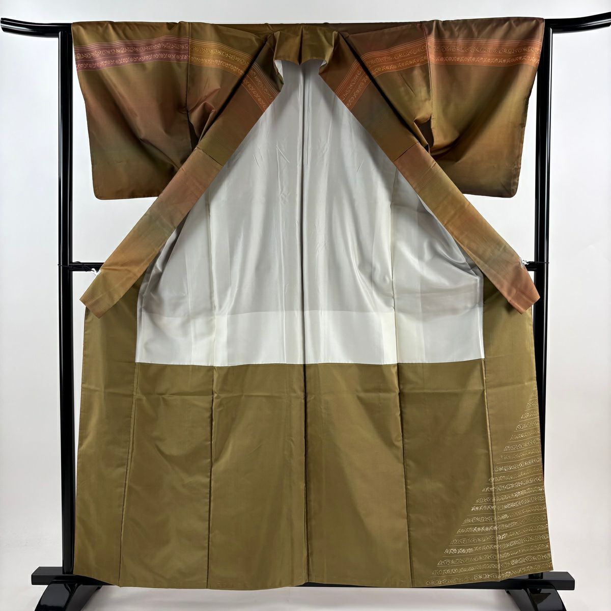 【庫存清倉】訪問服 身長160.5cm 袖長63cm S 雙層 紬織織 草花紋紋 條紋 茶綠 純蠶絲 美品 秀品級