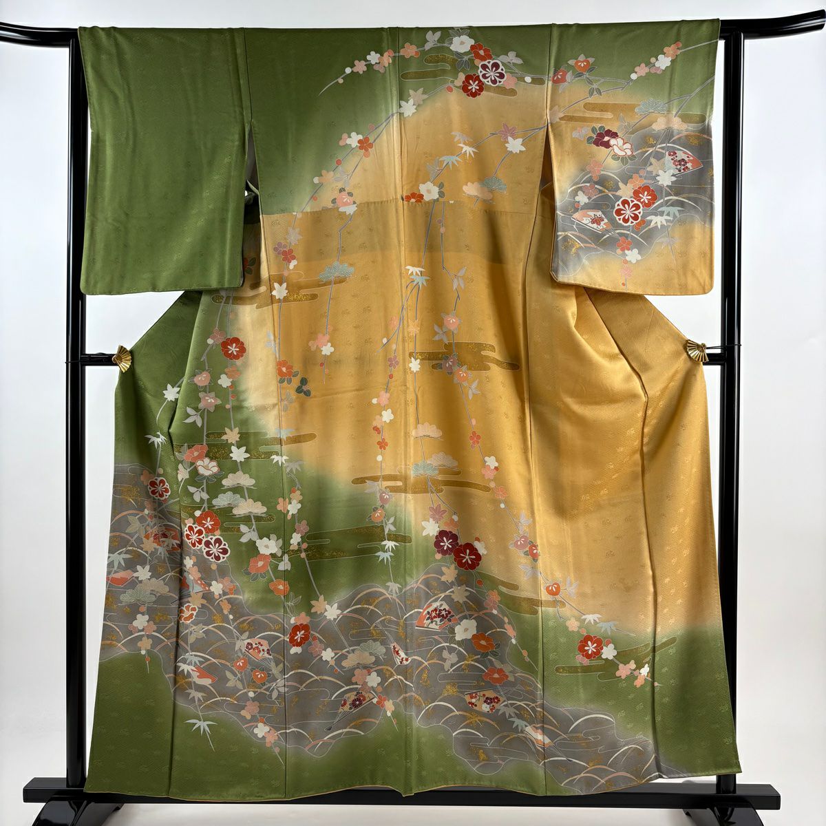 【庫存清倉】訪問服 身長156.5cm 袖長63cm S 雙層 草花紋紋 扇子子 金彩裝飾 染分 夾竹子桃色 純蠶絲 優品級