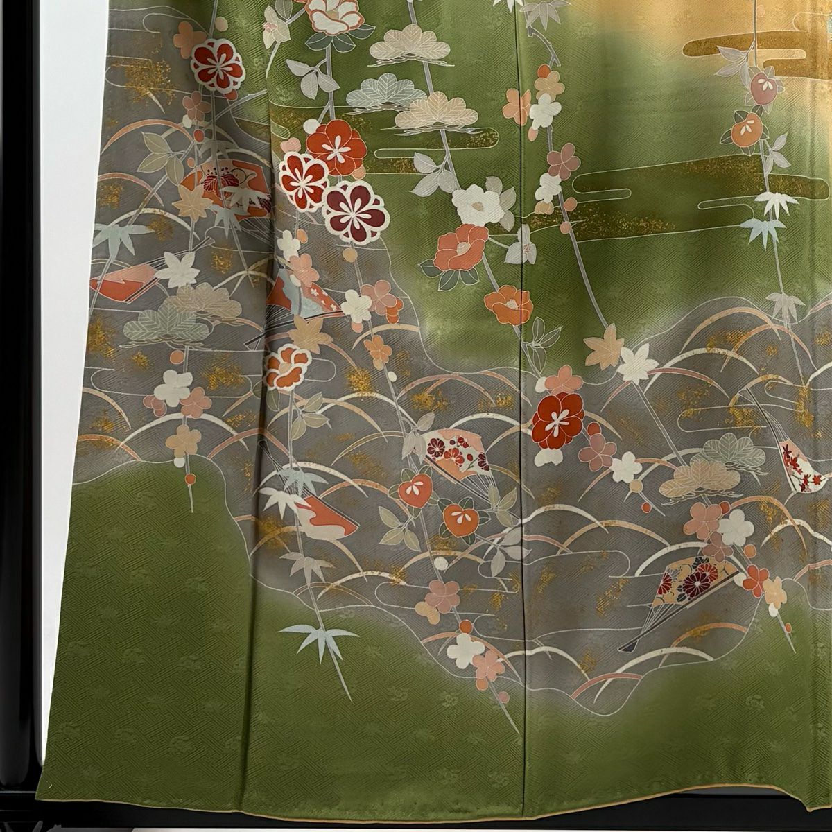 【庫存清倉】訪問服 身長156.5cm 袖長63cm S 雙層 草花紋紋 扇子子 金彩裝飾 染分 夾竹子桃色 純蠶絲 優品級