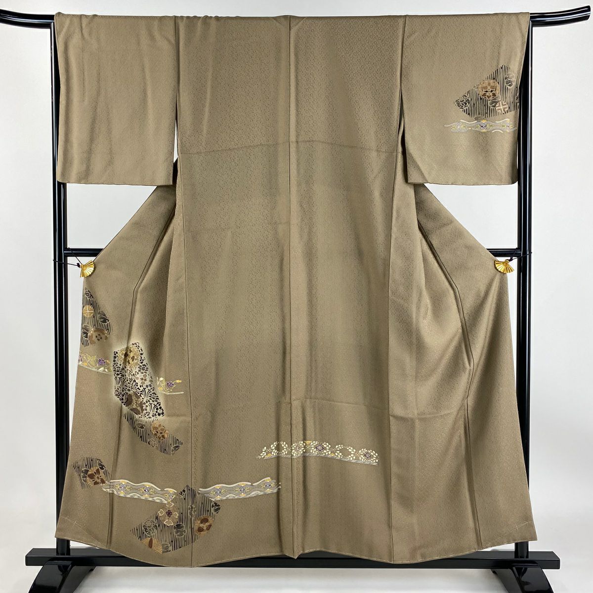 【庫存清倉】 付下 身長156.5cm 袖長65.5cm M 雙層 華紋 草花紋紋 金銀彩 漸層 灰茶 純蠶絲 優品級