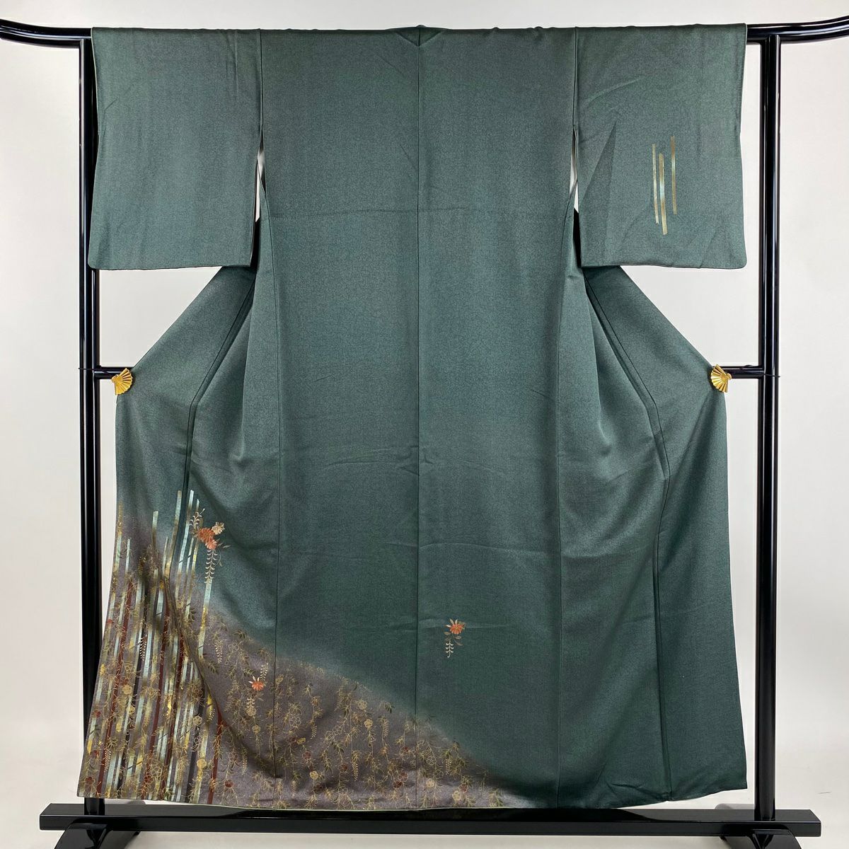 【庫存清倉】 付下 身長156.5cm 袖長63cm S 雙層 草花紋紋 縞紋 金絲刺繡 深綠 純蠶絲 優品級