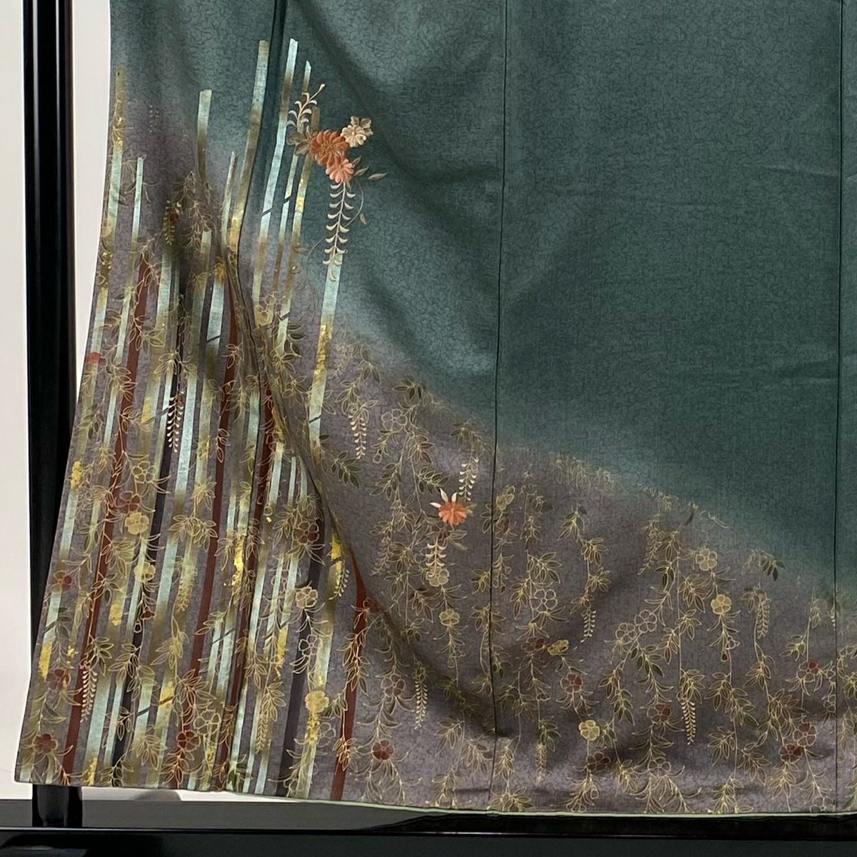 【庫存清倉】 付下 身長156.5cm 袖長63cm S 雙層 草花紋紋 縞紋 金絲刺繡 深綠 純蠶絲 優品級