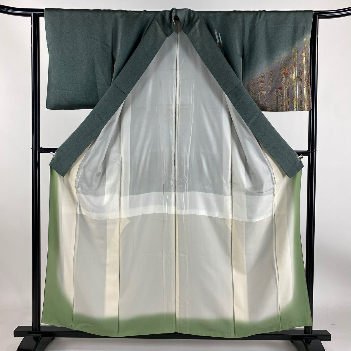 【庫存清倉】 付下 身長156.5cm 袖長63cm S 雙層 草花紋紋 縞紋 金絲刺繡 深綠 純蠶絲 優品級