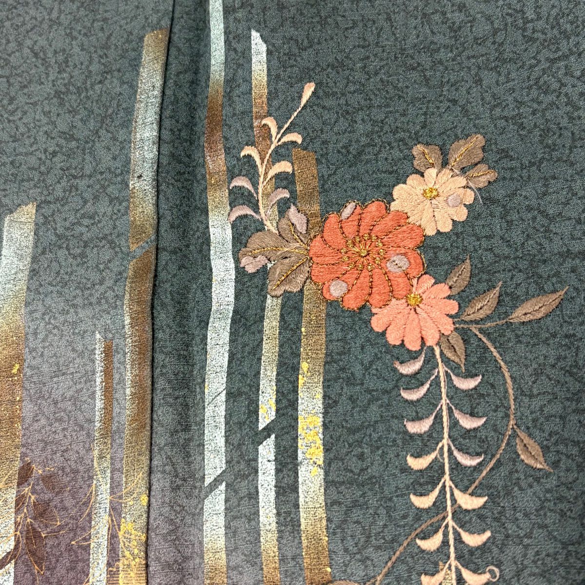 【庫存清倉】 付下 身長156.5cm 袖長63cm S 雙層 草花紋紋 縞紋 金絲刺繡 深綠 純蠶絲 優品級