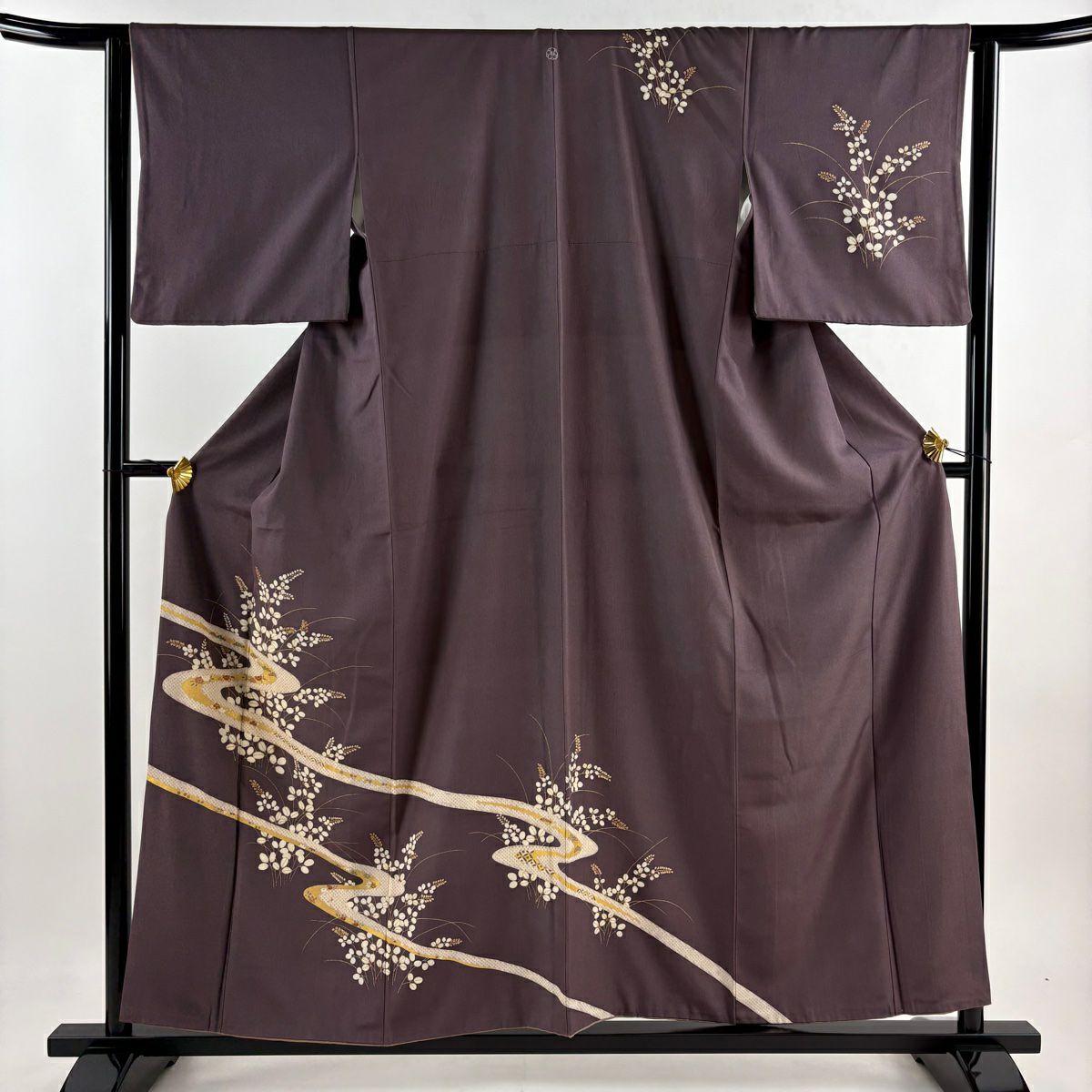 【庫存清倉】訪問服 身長156.5cm 袖長63.5cm S 雙層 秋草 流水 金銀彩 濃紫 純蠶絲 優品級 一つ紋