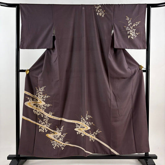 【庫存清倉】訪問服 身長156.5cm 袖長63.5cm S 雙層 秋草 流水 金銀彩 濃紫 純蠶絲 優品級 一つ紋
