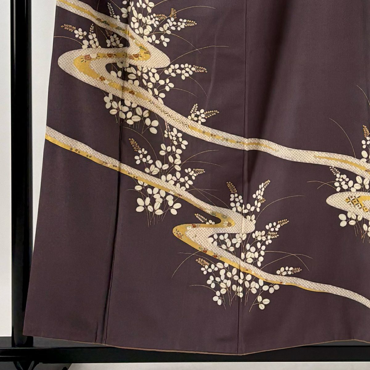 【庫存清倉】訪問服 身長156.5cm 袖長63.5cm S 雙層 秋草 流水 金銀彩 濃紫 純蠶絲 優品級 一つ紋