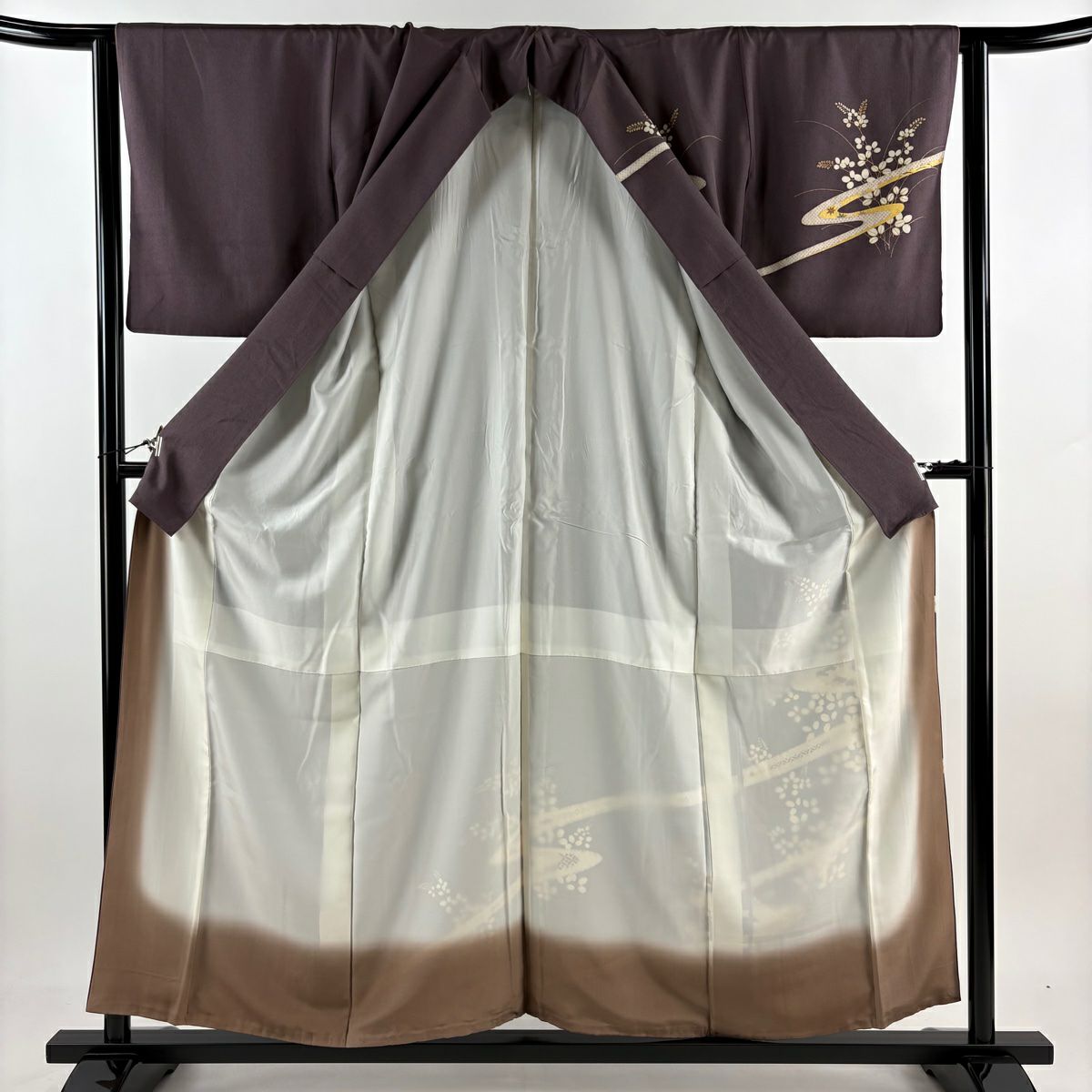【庫存清倉】訪問服 身長156.5cm 袖長63.5cm S 雙層 秋草 流水 金銀彩 濃紫 純蠶絲 優品級 一つ紋