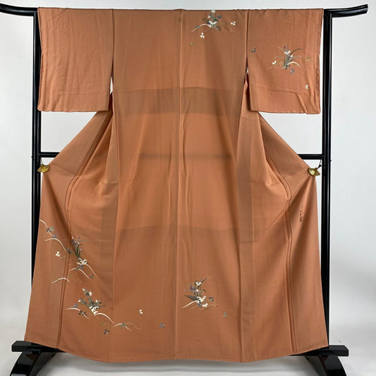 【庫存清倉】 付下 身長159.5cm 袖長64.5cm M 雙層 落款 草花紋紋 波頭 金銀彩 橙色 純蠶絲 優品級 一個紋
